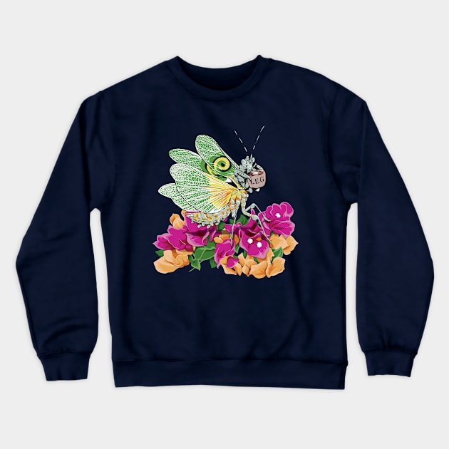 Original White and Green Butterfly Praying Mantis on orange and Purple Tulips sipping on some Tea Crewneck Sweatshirt by LegCup